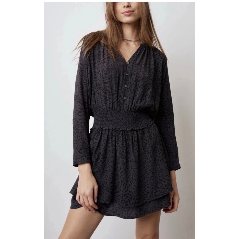 Rails Jasmine Mini Dress Ash Cheetah Grey Animal Print Smocked Waist Size M